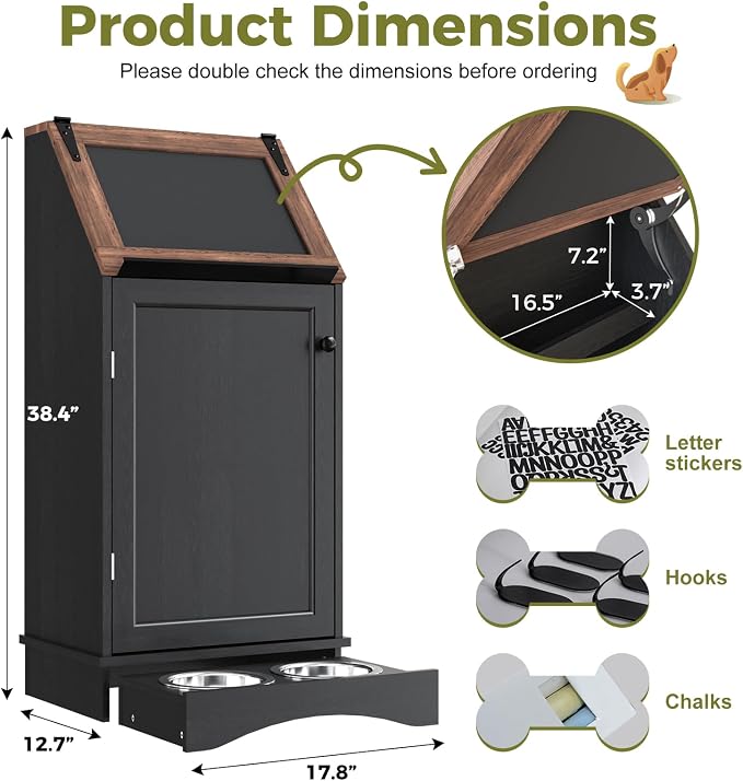 Black 38.4" H Dog Feeding Station with Storage | Pet Food Storage Cabinet with 2 Elevated Bowls,Hooks,Hidden Dog Feeding Organizer for Cats and Dogs