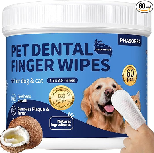 Dog & Cat Tooth Brushing kit - 60Ct Dog Toothbrush & Toothpaste Alternatives, Dental Care Wipes, Heavy Duty Teeth Cleaning, Remove Tartar & Plaque, Breath Freshener (Coconut)