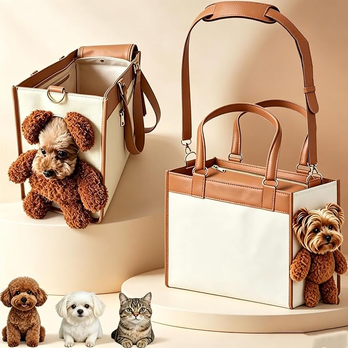 Teddy Bear Dog Carrier Bag, Teddy Carrier Bag for Dogs and Cats, Portable PU Leather Shoulder Tote with Plush Ears, Portable Convenient，White Brown Color Scheme