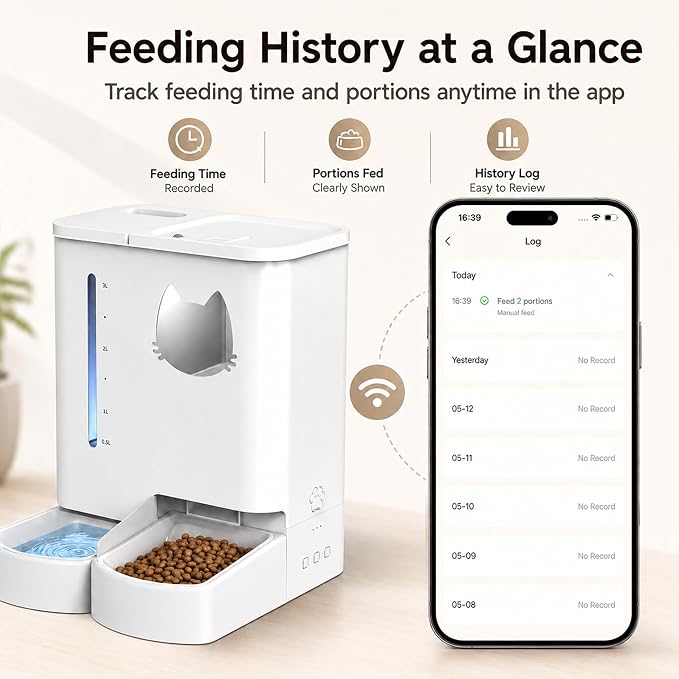 Waithem Automatic Cat Feeder with Camera, 5GHz/2.4GHz WiFi Smart Pet Food Dispenser with HD Night Vision, App Remote Control, 2-in-1 Food and Water Station, Detachable for Cleaning (Ice White)