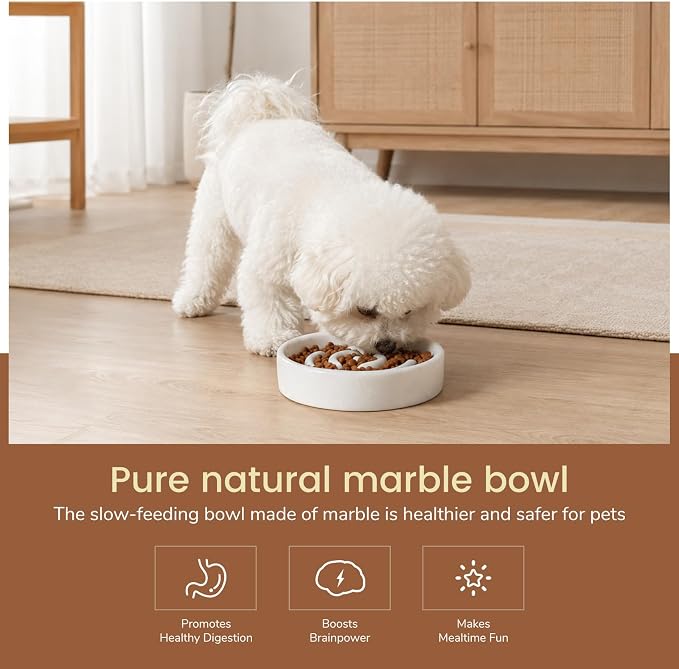 Karibiber Marble Slow Feeder Dog Bowl, White Puppy Puzzle Dish for Small Dogs Cats, Heavy Non-Slip Stone Dog Food Bowl, Anti-Choke Bloat Stop Maze