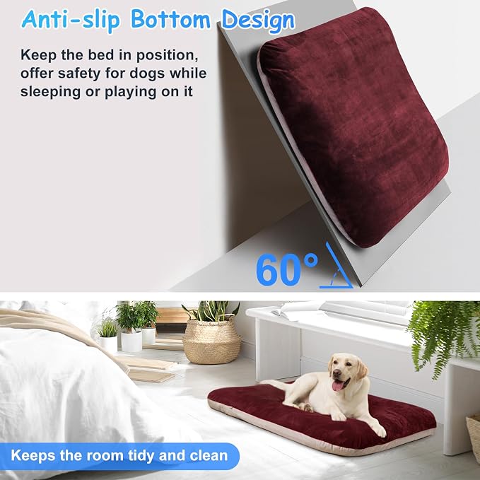 Magic Dog Super Soft Extra Large Dog Bed, 47 Inches Jumbo Orthopedic Foam Pet Beds with Anti Slip Bottom, Dog Sleeping Mattress with Removable and Washable Cover, Burgundy XL