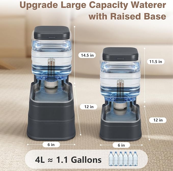 1.1 Gallon Pet Automatic Dog Water Dispenser Cat Gravity Waterer Feeder with Stainless Steel Bowl 8L Large Capacity Puppy Feeding Raised Bowls with Filter,Ice Pack (Charcoal Gray, 4L(1.1 Gallon))