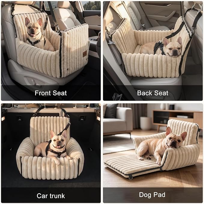 MIXJOY Dog Car Seat for Small/Medium Dogs up to 25 lbs, Multi-Functional Dog Carrier for Car with Detachable Washable Cover, Pet Travel Bed with Clip-On Safety Leash, Brown