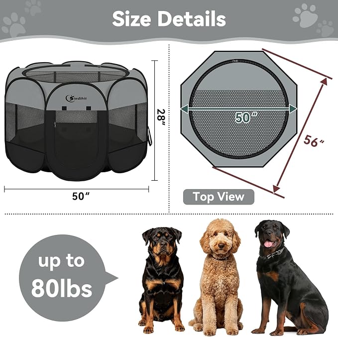 Siedihit Playpen for Extra Large Dog Cat, Dogs Tent Crate Cage | Indoor/Outdoor, Portable Pop Up Dog Kennel with Carrying Bag for Rabbits (Dark Grey, Extra Large)