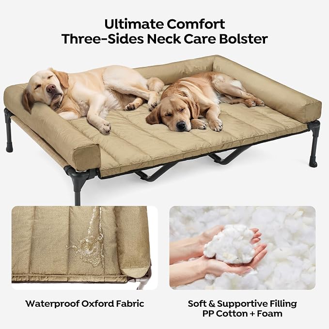 Veehoo Cooling Elevated Dog Bed Add Removable Waterproof Bolster Cushion Mat, Raised Pet Cot with Breathable Teslin Mesh, No-Slip Feet, Dog Couch Bed for Indoor Outdoor, 59x37.5inches, Beige, CWC2331B