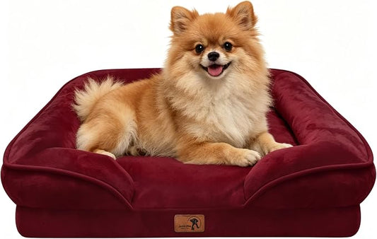 Spotted Play Orthopedic Dog Bed with Sides - Sofa Beds for Small Dogs, Supportive Foam Pet Couch Bed with Washable Removable Cover, Waterproof Lining and Non-Slip Bottom, Burgundy - S