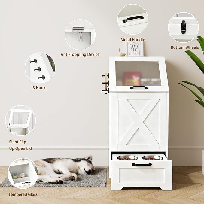 Dog Feeding Station with Storage Cabinet and 2 Elevated Dog Bowls, Hidden Pet Food Storage Organizer for Dog &Cat, Modern Dogs Furniture, White