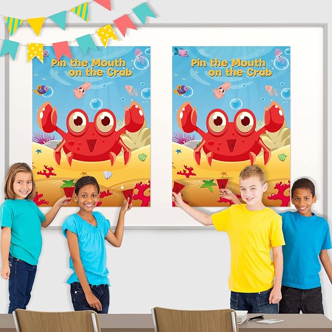 NEBURORA 2 Pack Pin The Mouth on The Crab Party Game 2 Large 21"x 28" Posters with 48pcs Stickers Ocean-themed Birthday Party Supplies Decorations for Kids Boys Classroom Game Wall Home Decor
