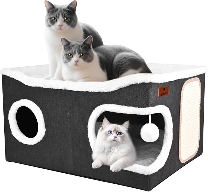 Extra Large Cat Beds for Indoor Cats, Covered Cat Cave Beds & Furniture with Scratch Pad and Fluffy Ball, Foldable Cat Condo with Reversible Cushion for Multi Small Pet Large Kittens, Dark Grey