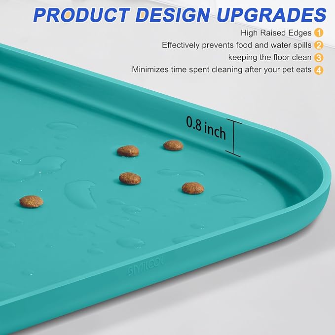 SMILOOL Waterproof Silicone Pet Food Mat with Raised Edge for Dog & Cat | 22" x 14" Non-Slip Pet Feeding Mats with Lip for Food & Water Bowl, Food Grade, Easy Cleaning, Dark Turquoise