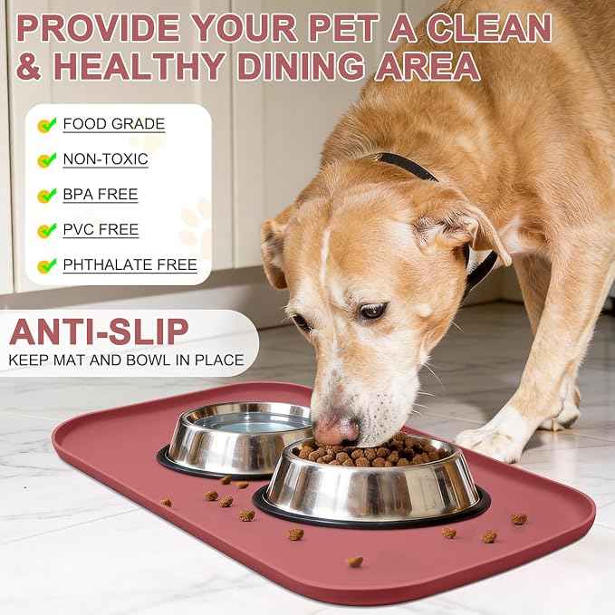 SMILOOL Waterproof Silicone Pet Food Mat with Raised Edge for Dog & Cat | 22" x 14" Non-Slip Pet Feeding Mats with Lip for Food & Water Bowl, Food Grade, Easy Cleaning, Erythrinus