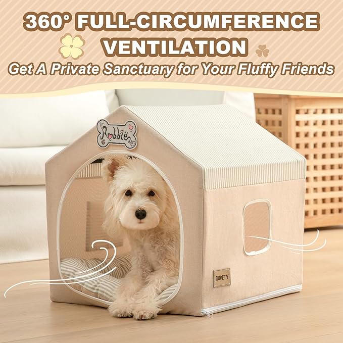 Indoor Dog House with Frame,Cute Dog Tent Bed with Cover Cave,Beige | Breathable,Washable,and Foldable House, Suitable for 8-16 Lb Puppy and Cats, Medium (17"×17"×17"),Inside Dog House