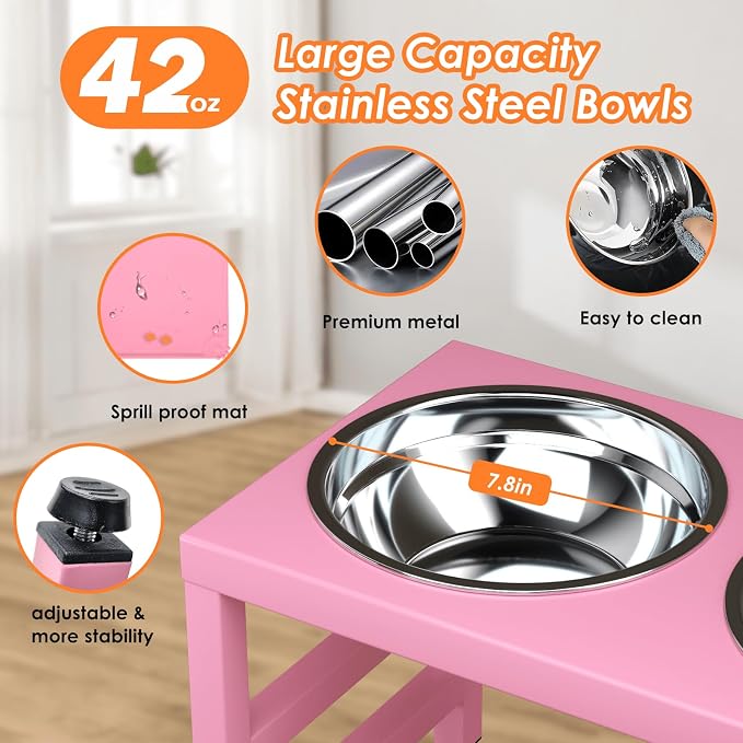 ADENGL Pink Metal Raised Dog Bowl Stand for Large Dogs, Stronger Elevated Dogs Bowls with Sprill Proof Mat, Food & Water Bowl 10in Tall Feeder (42OZ-Stainless Steel Dog Bowls, Mat-12x19 in)
