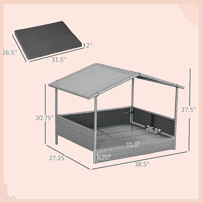 PawHut Wicker Dog House Outdoor, Silver Wicker, Gray Cushion | Rattan Dog Bed, Canopy, Water-resistant Cushion, Raised Pet Bed for Small, Medium Breeds up to 66 lbs, 20" in Length