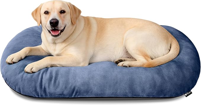 Washable Oval X-Large Dog Bed, Silver-Tipped High-Resilience, Dusty Blue | Non-Slip Bottom Prevents Sliding, Soft Plush Short Fur, Machine Washable, Ideal for Crates/Apartments/Cozy Nooks,41"x27"x3.6"