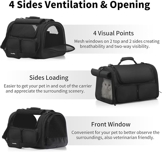 FUKUMARU Cat Carrier, Airline Approved Dog Carrier with Rollable Cover | Breathable Soft Cat Carrier, Multiple Doors & Storage Pockets Cat Travel Bag, Durable Pet Carrier for Cat Under 15 lb, Black