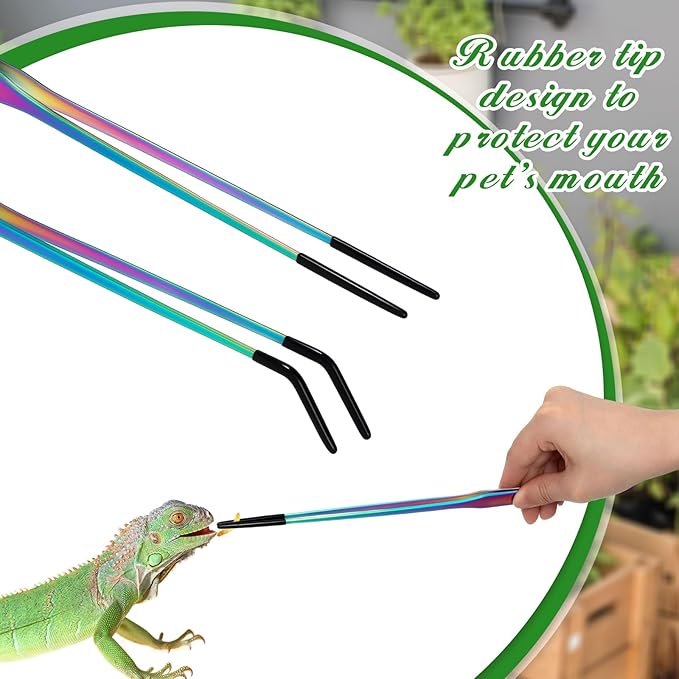 Lasnten 2 Pcs Extra Long Stainless Steel Reptile Feeding Tongs with Rubber Tip 10 Inch, 10.5 Inch Bearded Dragon Aquarium Straight and Curved Long Tweezer Terrarium Feeder Tool for Tank(Colorful)
