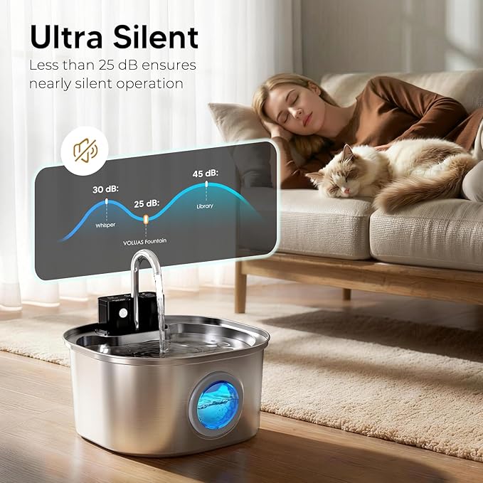 Voluas Stainless Steel Cat Water Fountain, Wireless, 108oz/3.2L, 2 Filter | Cordless Design, Ultra-Quiet Pump, Easy to Clean, BPA-Free