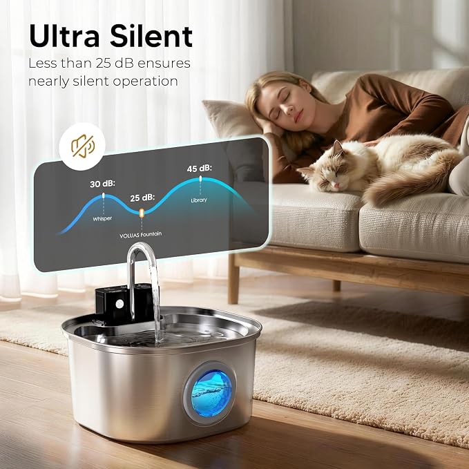 Voluas Stainless Steel Cat Water Fountain, Wireless, 108oz/3.2L, 1 Filter | Cordless Design, Ultra-Quiet Pump, Easy to Clean, BPA-Free