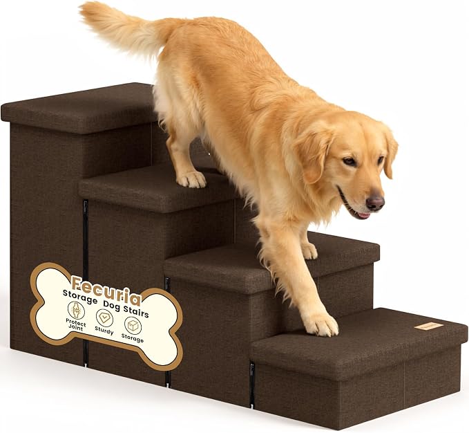 4-Step Wide Dog Stairs with Storage 23" H, Non-Slip Sturdy Pet Steps for High Bed Couch Window, Pet Stairs for Small/Medium/Large Old Dogs Cats Up to 220lbs, Cat Dog Steps for Car/SUV, Coffee