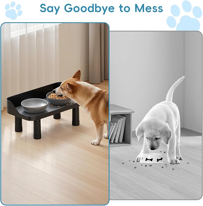 Raised Dog Food Bowl Stand Feeding Station Adjustable 16in Wide | 3 Adjuastable Heights, with Splash Gard, Pet Cat Large Dogs Universal, No Bowl Included