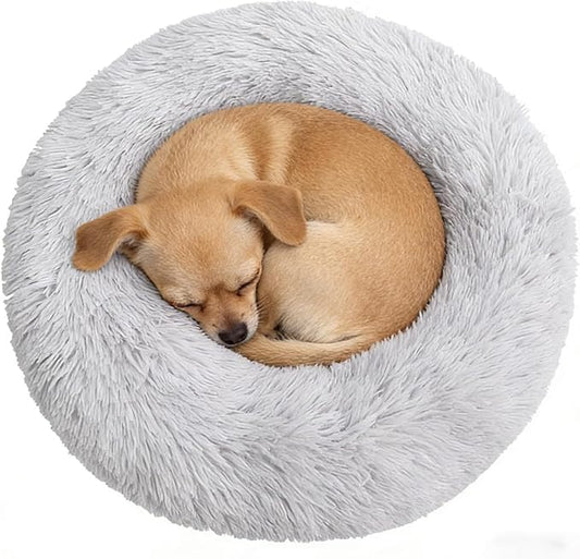 Calming Donut Dog Beds for Small Dogs Cats - Washable Removable Cover Non-Slip Bottom, Round Pet Bed Puppy Bed Warming Fluffy Faux Fur Anti-Anxiety, Fits up to 25 lbs (Light Grey, 23")