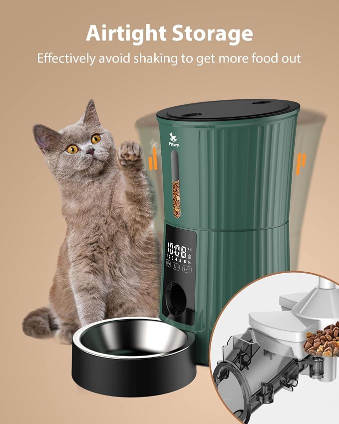 Timed Automatic Cat Feeder - 4L Dry Food Dispenser for Cats and Dogs | Programmable Portion Control, 6 Meals Daily, Dual Power Supply, 10-Second Voice Recorder, with Desiccant Bag, Green