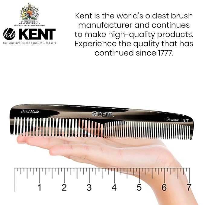 Kent 9T Double Tooth Dressing Table Comb, Tortoise Fine and Wide Tooth Coarse/Fine Dresser Comb for Hair, Beard, Mustache Styling, Grooming - For Men, Women, and Kids, Made in England