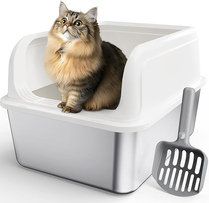 Powools Stainless Steel Cat Litter Box, Metal Litter Box with Scoop, High- Sided, Anti-Leakage Top Entry, Non-Sticky, Easy to Clean, White, M (1 Pack)