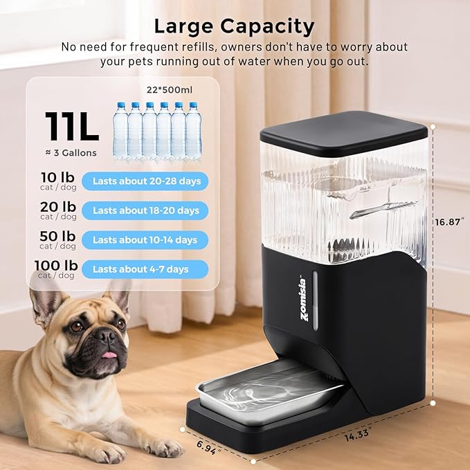 ZOMISIA Automatic Dog Water Dispenser 11L with Stainless Steel Bowl, Gravity Extra Large Capacity Water Bowl for Large-Sized Dogs, 3 Gallon Pet Waterer 100% BPA Free, White