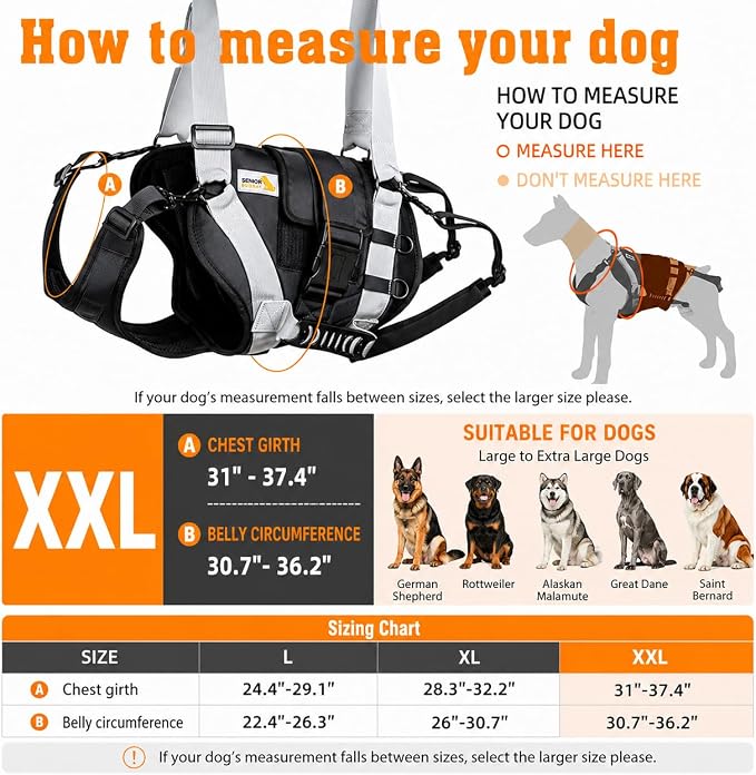 Dog Lift Harness for Large Dogs,Full Body Dog Sling Carrier, Black, XXL | Help Support Big, Elderly Pet with Arthritis, Front/Rear Legs Assistance with Handle, for Lifting Injured Dogs Up Stairs