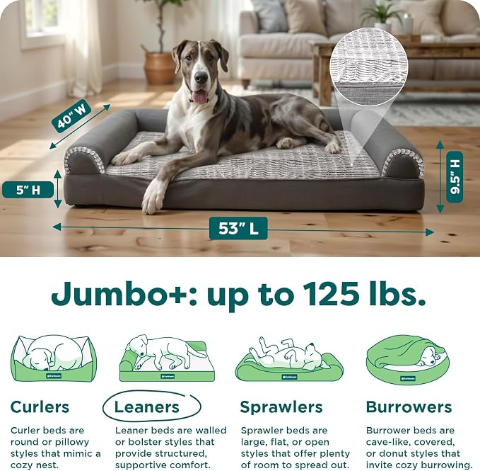 FurHaven Orthopedic Dog Bed For Large Dogs, Sofa Contour Mattress with Solid Orthopedic Foam Slab for Joint Support, Removable Washable Cover, Jumbo Plus XXL, Faux Fur, Charcoal