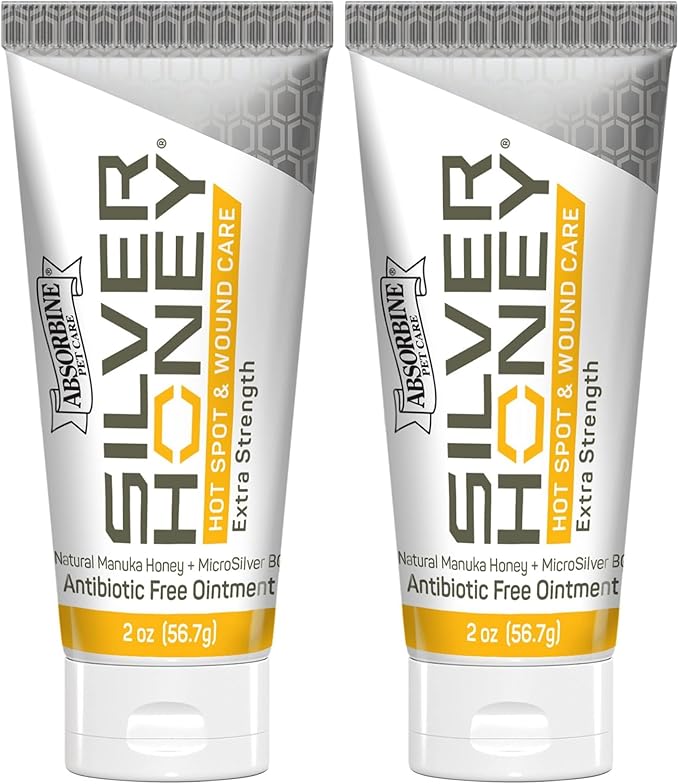 Absorbine Silver Honey Hot Spot & Wound Care Ointment 2oz Tube, Manuka Honey & MicroSilver BG, Medicated for Dogs, Cats, Small Animals (Pack of 2)