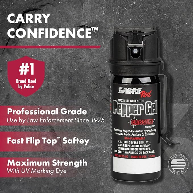 Gel poivre SABRE Crossfire, déploiement sous tous les angles, maximise l'acquisition de cible contre de multiples menaces, clip de ceinture pour un transport facile, couvercle rapide, OC puissance maximale, option spray au poivre 44 ml