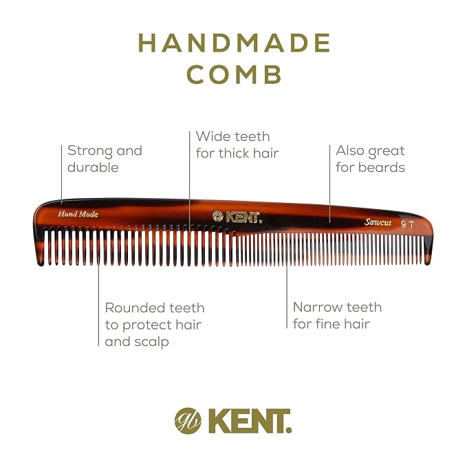 Kent 9T Tortoise Fine and Wide Tooth Detangler Hair Comb - Large Handmade and Saw-Cut Dressing Comb -for Wet and Dry, Hair Comb for Women and Durable Grooming Comb for Men, Made in England
