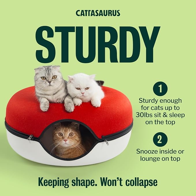 Peekaboo Cat Cave Donut for Multiple & Large Cats up to 30-45 lbs, 3-in-1 Self Warming Cat Bed, Tunnel & Scratcher for Indoor Cats, Washable & Detachable Dog Bed (Ruby Snowball, Large)