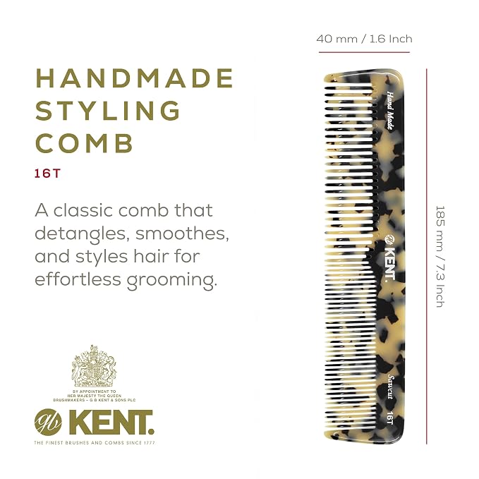 Kent 16T TW Fine and Wide Tooth for Daily Grooming,Handmade Styling Comb for All Hair Types,Wet or Dry Hair Detangling Comb for Men and Women,Saw Cut Hand Polished,Made in England