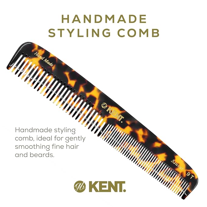 Kent 9T Fine Tooth & Wide Tooth Comb Detangler Hair Combs - Large Handmade & Saw-Cut Dressing Comb - Wet Hair Comb for Women, Durable Grooming Comb for Men, Made in England (Yellow Tokyo), 2 Count