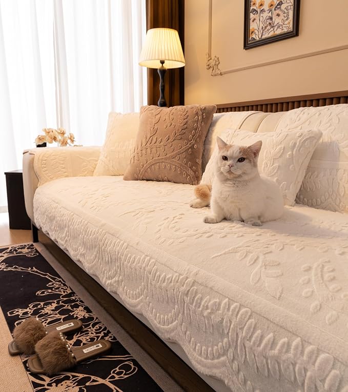 White Fuzzy Rabbit Plush Sofa Cover Cozy Warm Sofa Couch Covers with 3D Jacquard Leaf Pattern Non-Slip Easy-to-Install Shaggy Sofa Slipcover Prefect for Kids Dogs Cats Cats(White,36"x70")