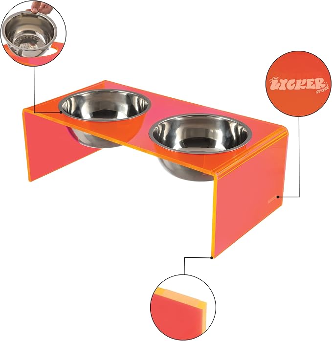 DBL2000E Keaton 5" Small/Medium Modern Acrylic Rectangular Elevated Pet Feeder with 20oz 2-Stainless Steel Bowls, Pink/Chrome