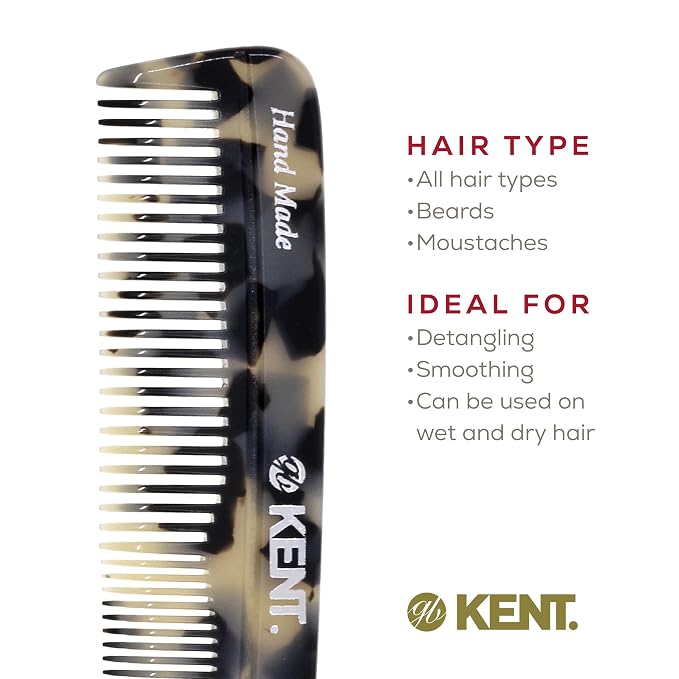 Kent R7T TW Fine and Wide Tooth Hair Comb, Handmade Pocket Comb for Men, Beard and Mustache Combs for Everyday Grooming and Styling, Sawcut Kent Combs, Made in England