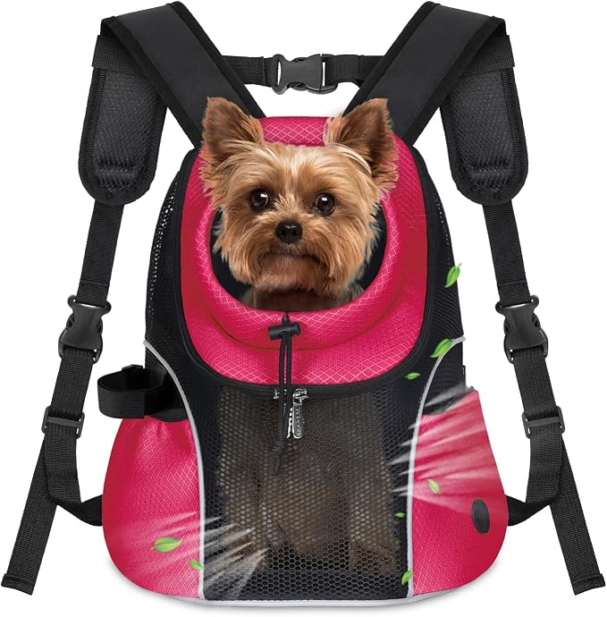 WOYYHO Pet Dog Carrier Backpack, Ventilated Mesh Small Dog Front Backpack | Breathable Puppy Back Pack, with Safety Belt, Storage Pockets, for Travel Hiking Cycling Outdoor Adventures, Rethink Pink, S