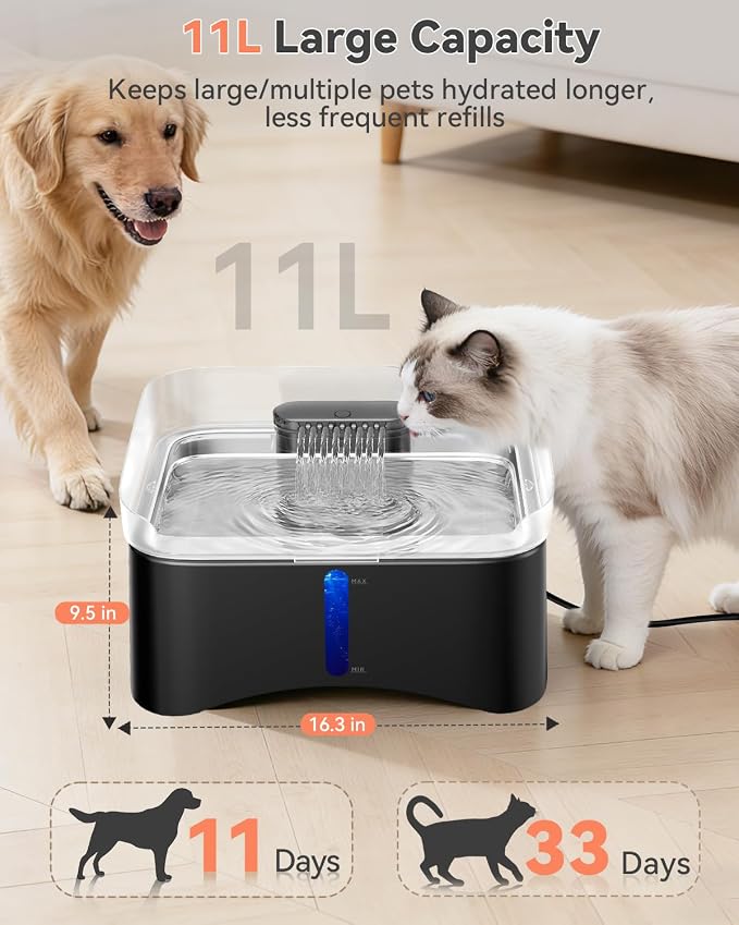 UPSKY 11L Elevated No-Spill Dog Water Fountain with 4 Adjustable Heights | Large Dog Water Dispenser, No-Splash, 304 Stainless Steel Tray, 5-Layer Filtration, for Large/Senior Dogs & Multi-pet Home