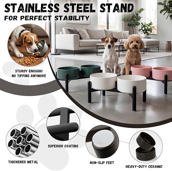 Raised Ceramic Dog Bowl Set with Stand, 3.5 Cups Elevated Dog Food Stand | 6.1'' Double Dog Food and Water Bowl Set, Non-Slip Dog Feeding Dishes for Small to Medium Breeds, 29.57 OZ, Pink