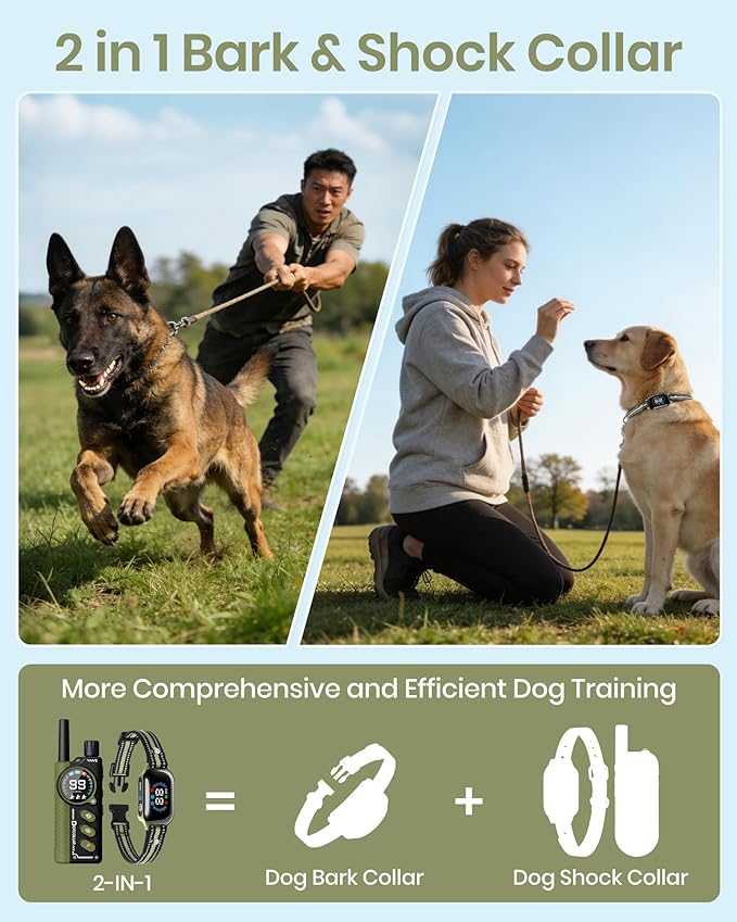 2-in-1 Bark & Shock Collar - Color Screen Dog Training Collar with Beep/Vibration/Shock/Anti Bark 4 Modes, 3300FT E Collar with Remote for Small Medium Large Dogs, IP67 Waterproof Rechargeable