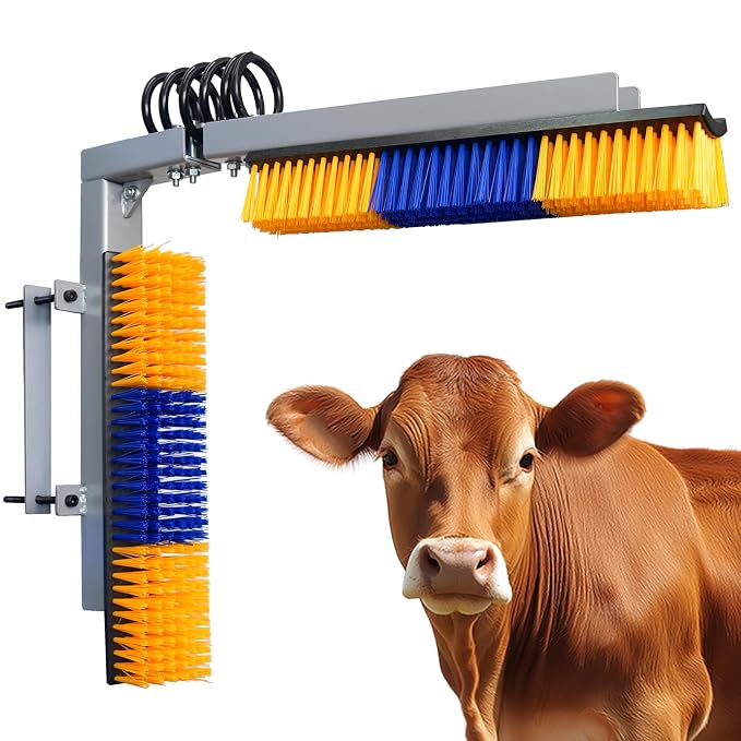 Livestock Scratch Brush With Spring Iron Holder，Animal Back Scratching Brush Including 4pcs goat brushes, 4 stands and accessories For Cow,Cattle,Sheep, Horses,Pigs，Massage Grooming Tool（Yellow）