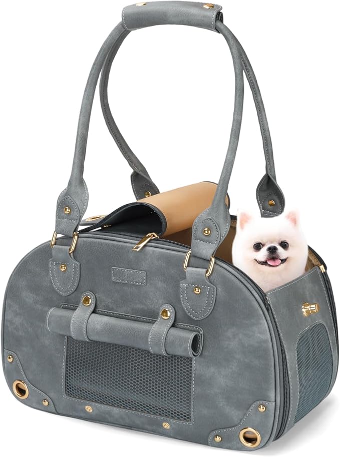 Dog Carrier Purse, Pet Bag Bling Waterproof Premium Leather Pet Travel Portable Bag for Cat and Small Dog Home & Outdoor Small Grey
