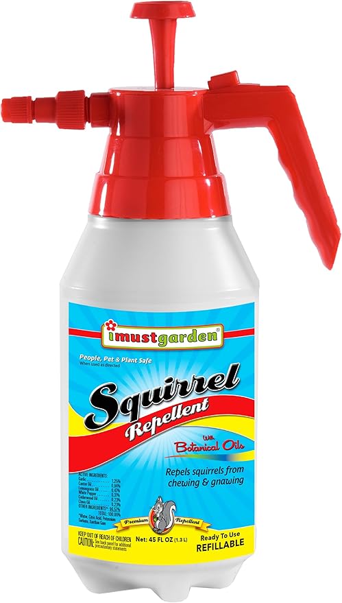 I Must Garden Squirrel Repellent: 45oz RTU Refillable Pump Sprayer - Protects Vehicles, Plants, Decking, & Furniture