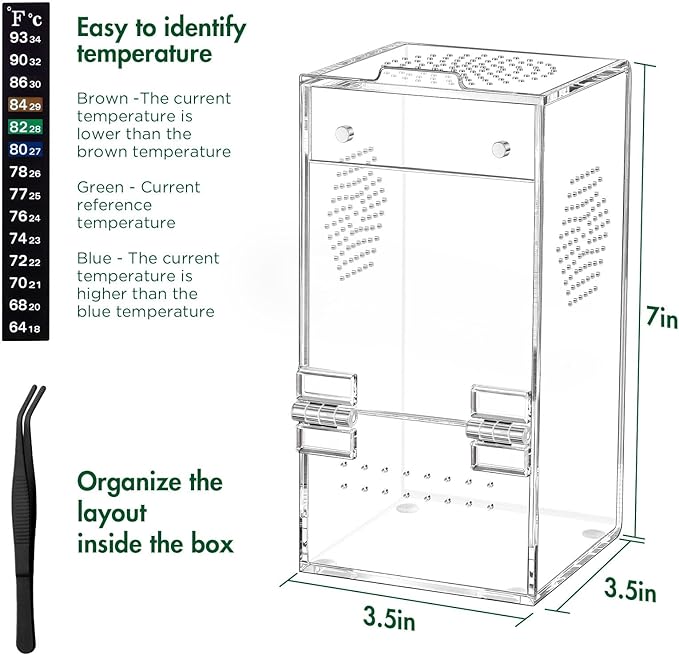 Pre-Assembled Jumping Spider Enclosure, Acrylic Terrarium with Magnetic Door & All-Side Ventilation, Habitat for Spiderling, Mantis, Tarantula, Snail, 3.5"×3.5"×7" (Tweezer & Temp Sticker Included)